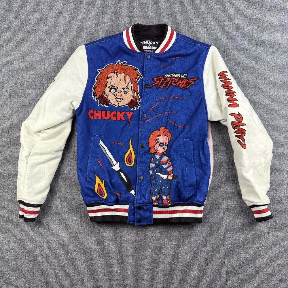 Chucky X Reason Varsity Jacket Mens Small Blue‎ Fleece Horror Movie Graphic